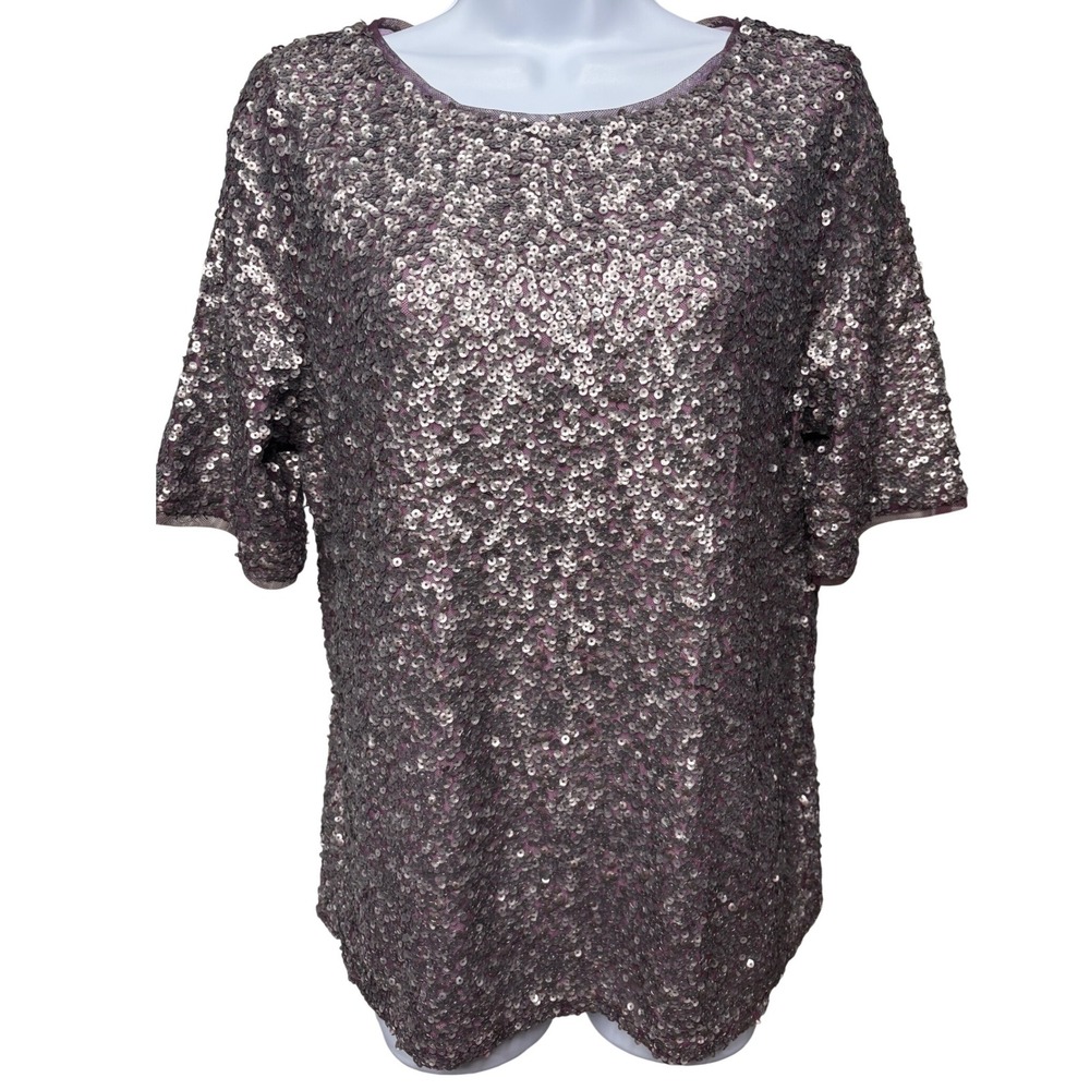 BLACK‎ LABEL x CHICO'S Womens Pewter Sequin Top Sz 1/M Glam Party Sparkly Luxe
